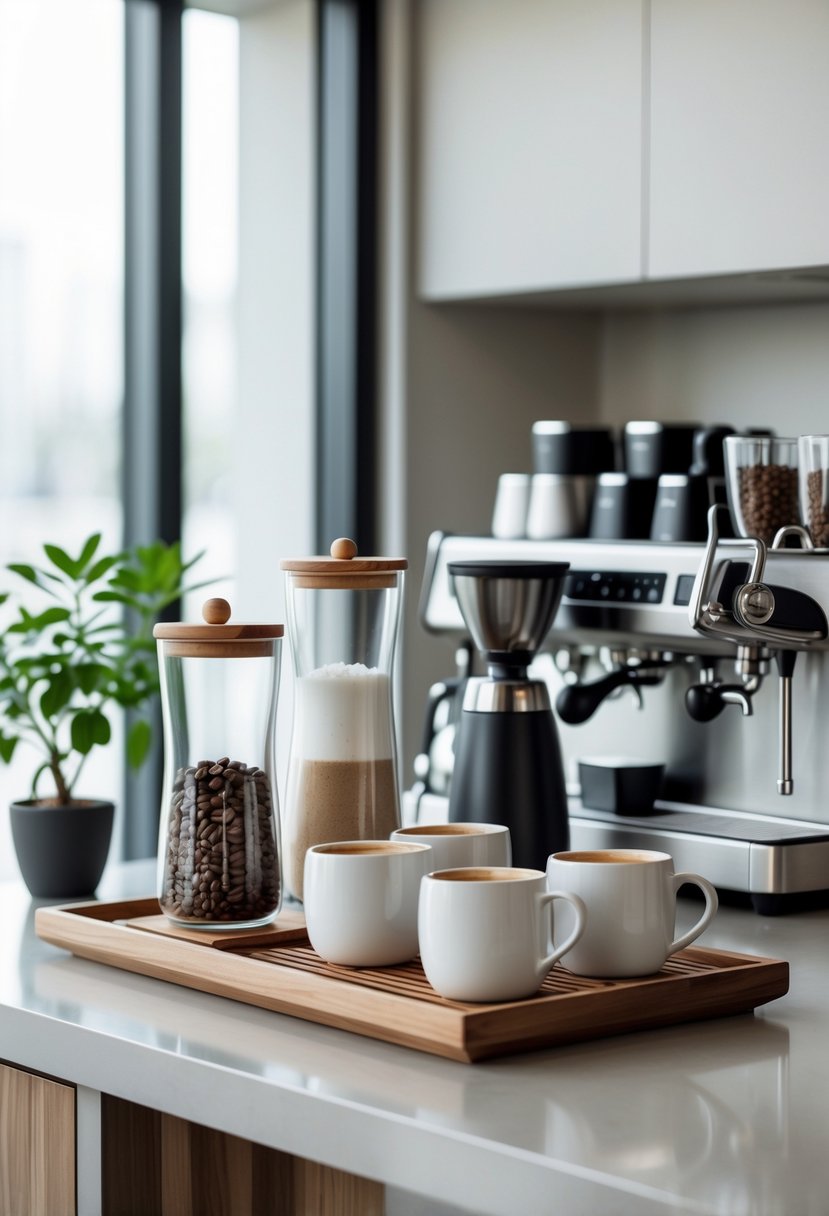A modern kitchen counter with a coffee bar setup including containers, an espresso machine, coffee mugs, and a small plant.