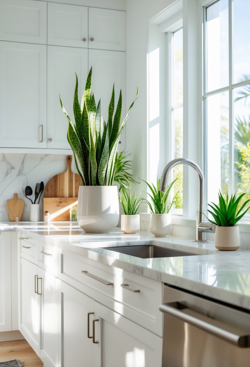 A kitchen counter decorated with a tall snake plant and several small succulents in pots, surrounded by kitchen utensils and natural light.