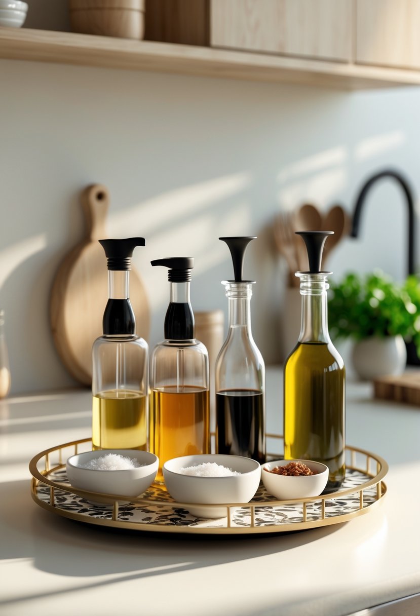 A kitchen counter with a decorative tray holding bottles of cooking oils, bowls of salts, and condiment containers.