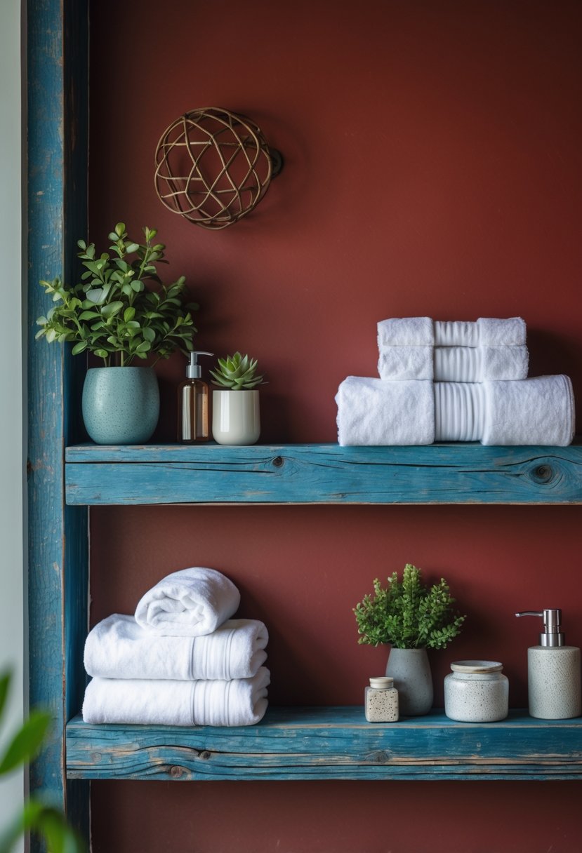 A weathered blue wooden shelf against deep red walls holding white towels, green plants, and decorative jars in a bathroom setting.