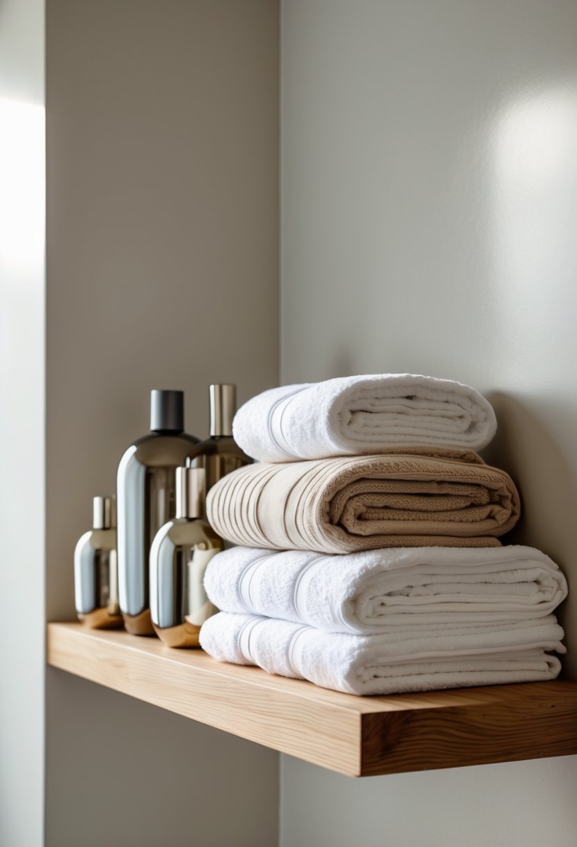 A long bathroom shelf holding neatly folded towels and decorative glass bottles against a light-colored wall.