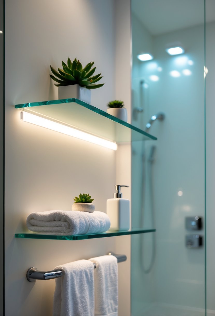 A floating glass shelf with LED strip lighting holding bathroom decor items in a modern bathroom.
