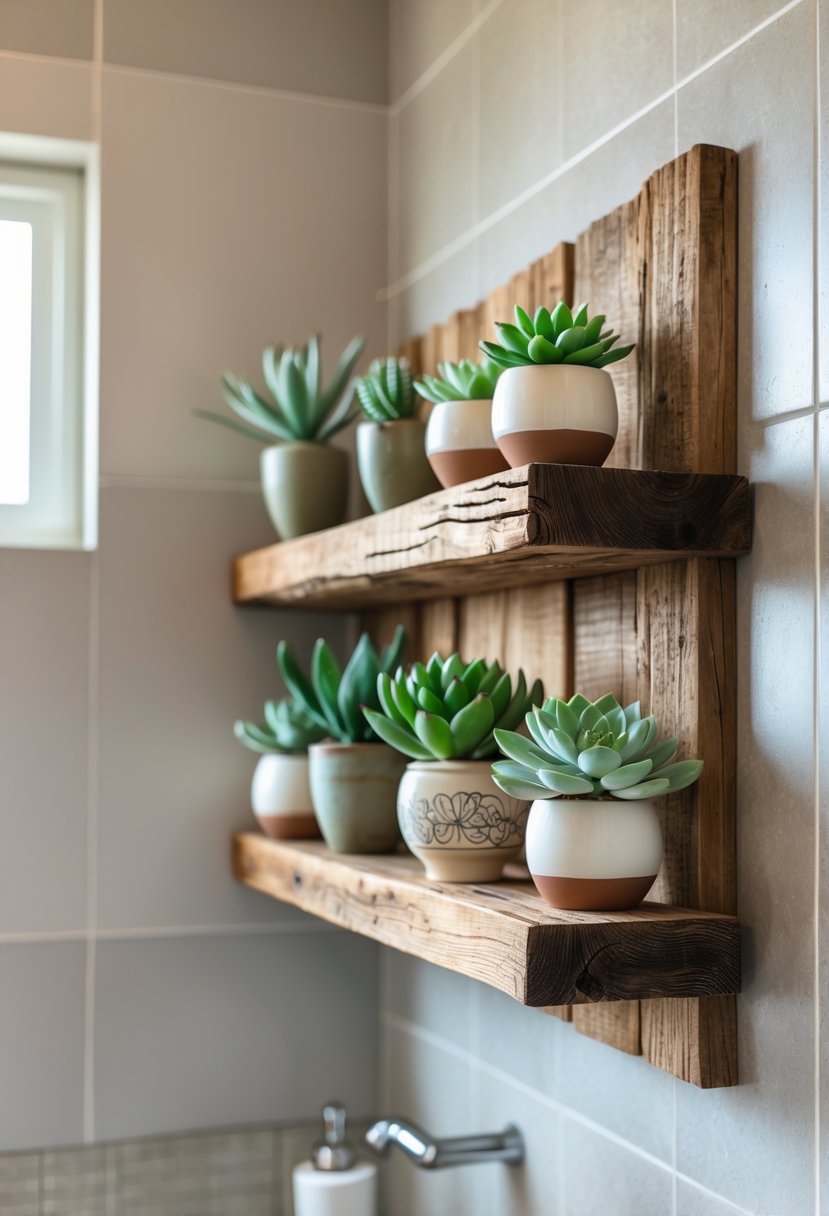 A reclaimed wood shelf with several potted succulents displayed in a bathroom setting.