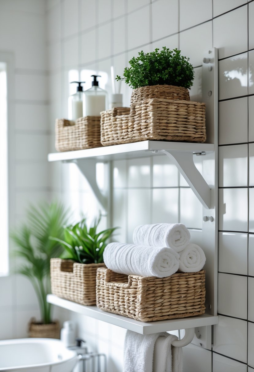 White metal wall shelf with woven baskets holding towels and bathroom items in a bright bathroom.