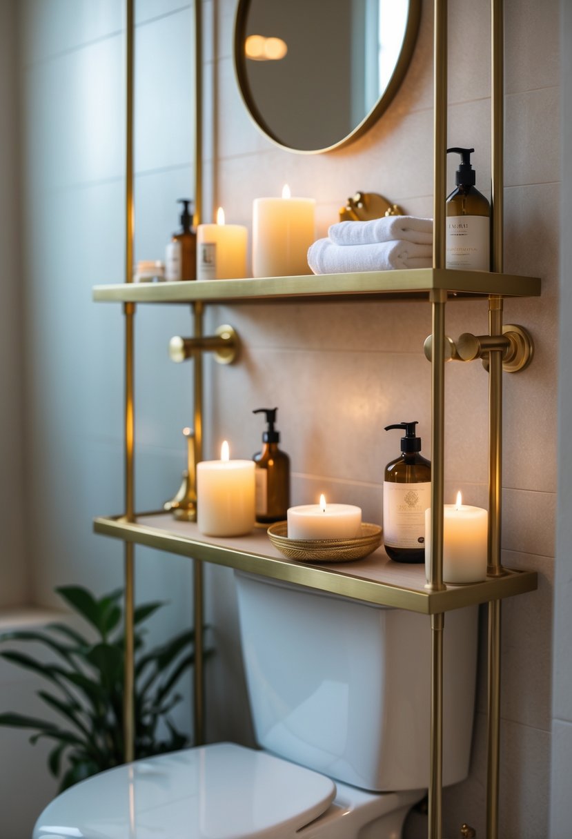 A bathroom shelf above a toilet with brass accents, candles, and decorative items.