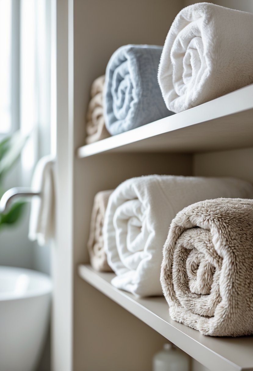 Narrow open bathroom shelf with neatly rolled luxury towels in neutral colors.