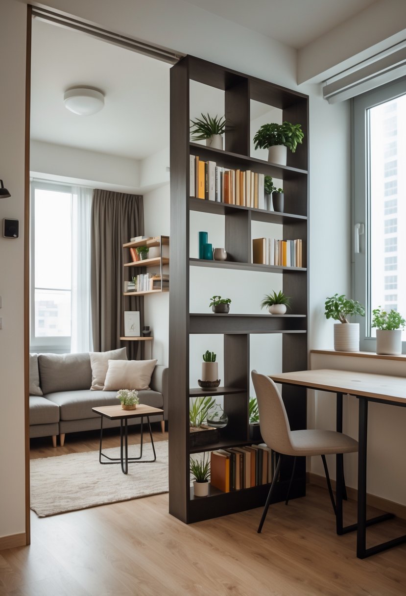 Studio apartment with freestanding bookshelves dividing the living area and workspace, filled with books and plants.