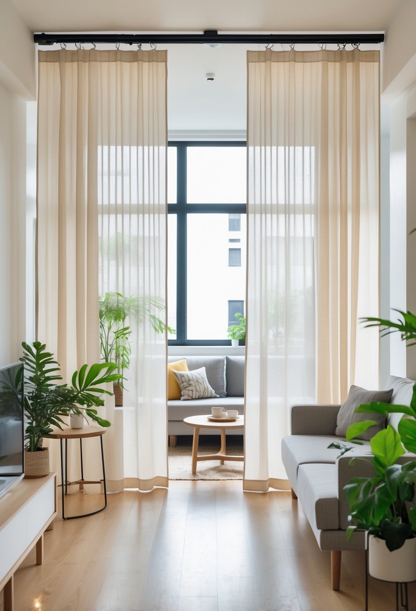 Apartment living area divided by fabric panel curtains, separating a seating area from another space.