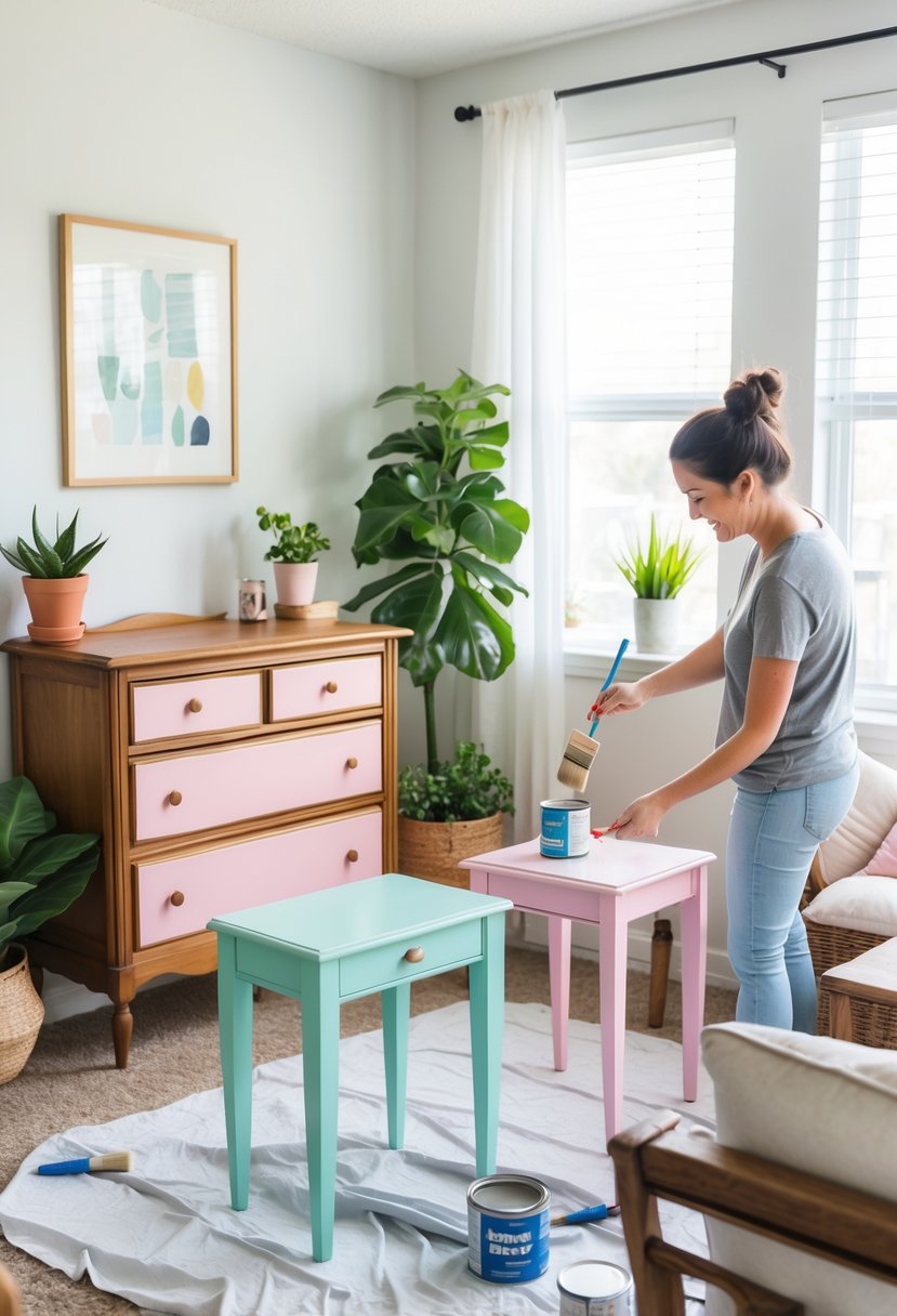 A person painting thrift store furniture in a bright apartment living room with plants and cozy decorations.