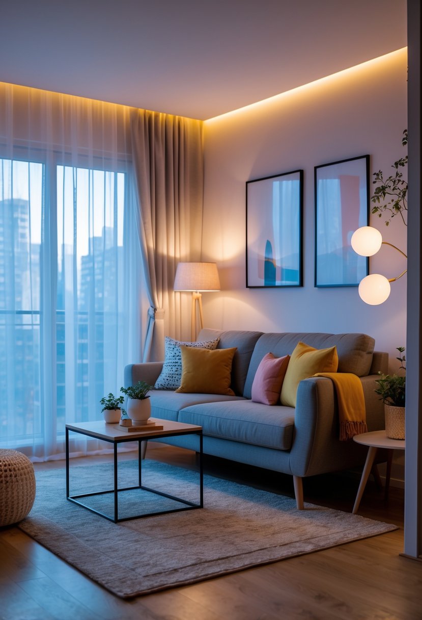 A cozy apartment living room with warm LED mood lighting, comfortable sofa, coffee table, and soft natural light through sheer curtains.