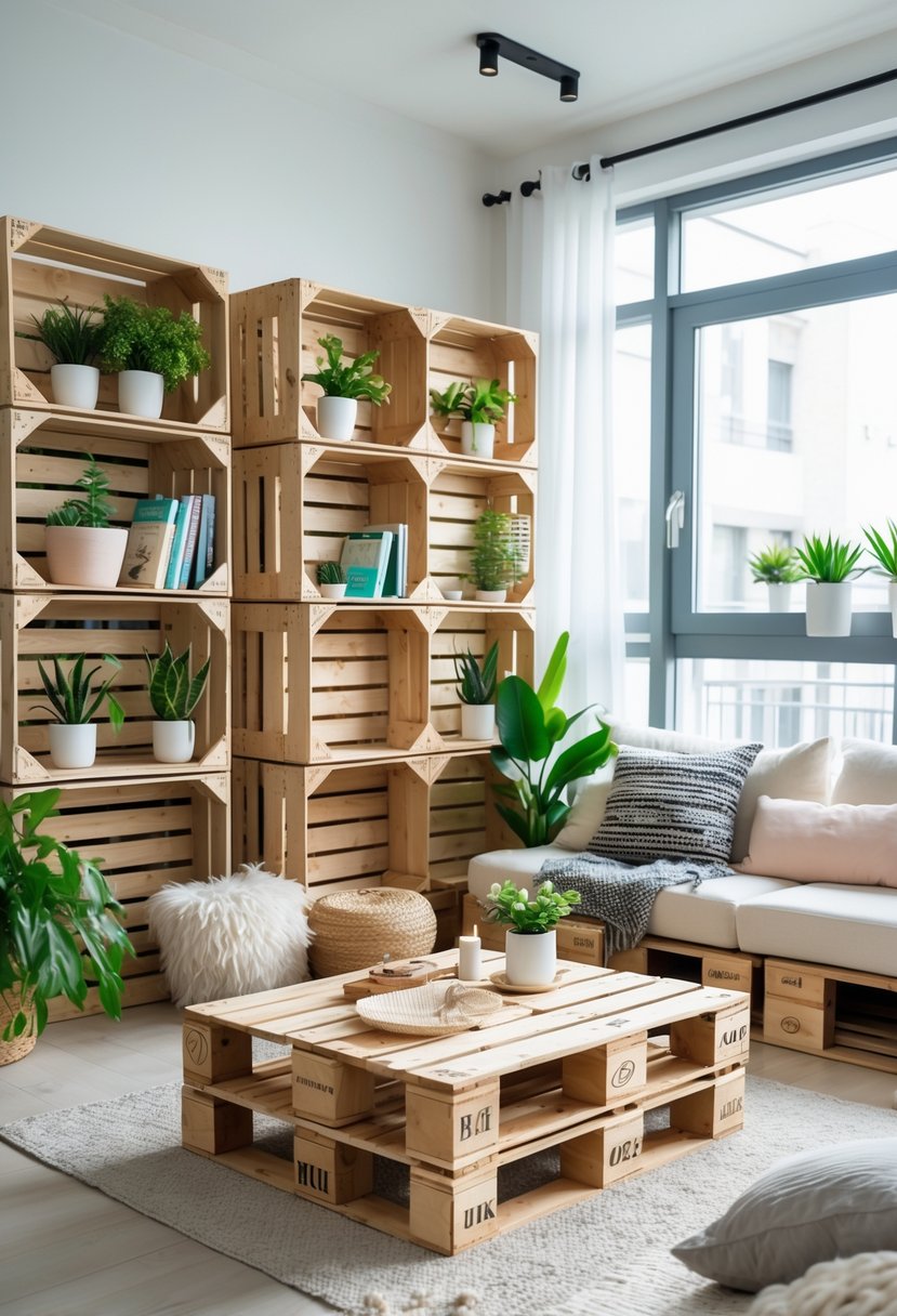 Apartment interior with DIY storage made from wooden crates and pallets, featuring shelves with books and plants, a pallet coffee table, and natural light coming through windows.