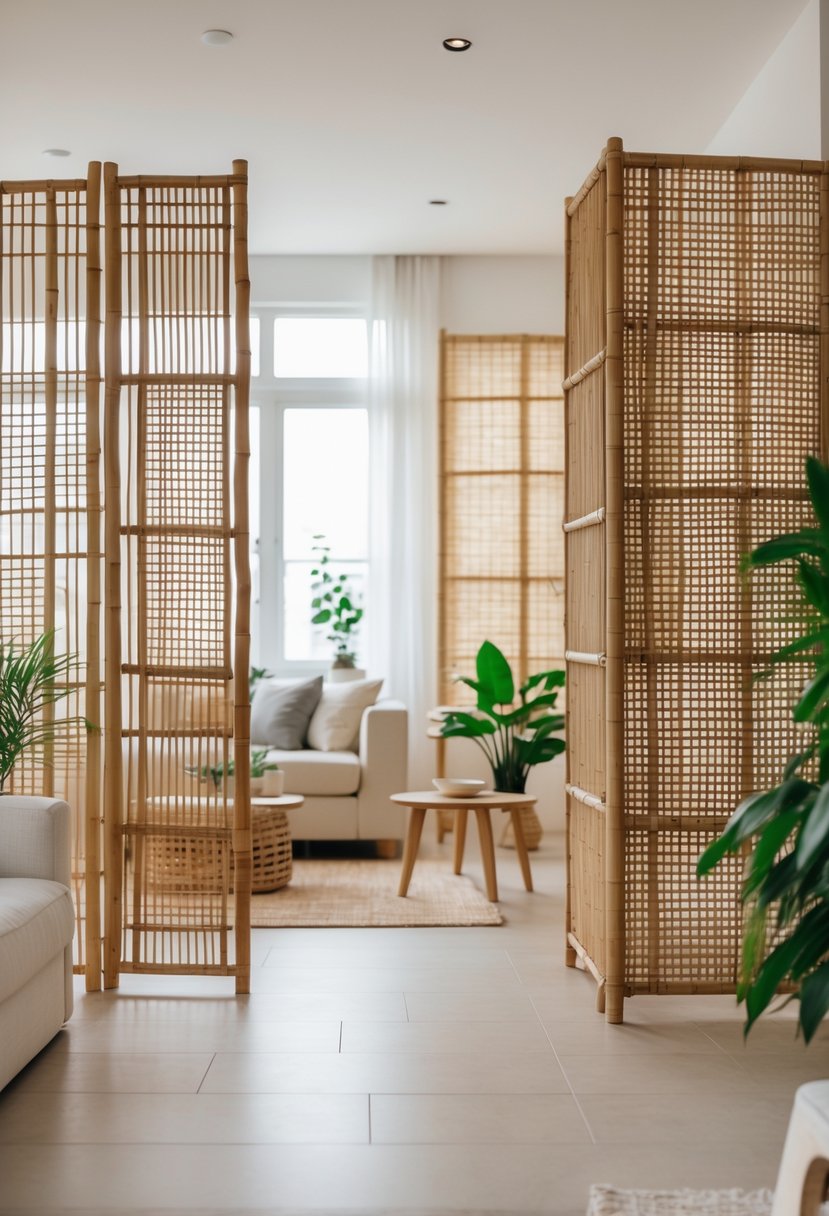 Apartment interior with bamboo and cane screens dividing the living area from another space, featuring simple furniture and plants.