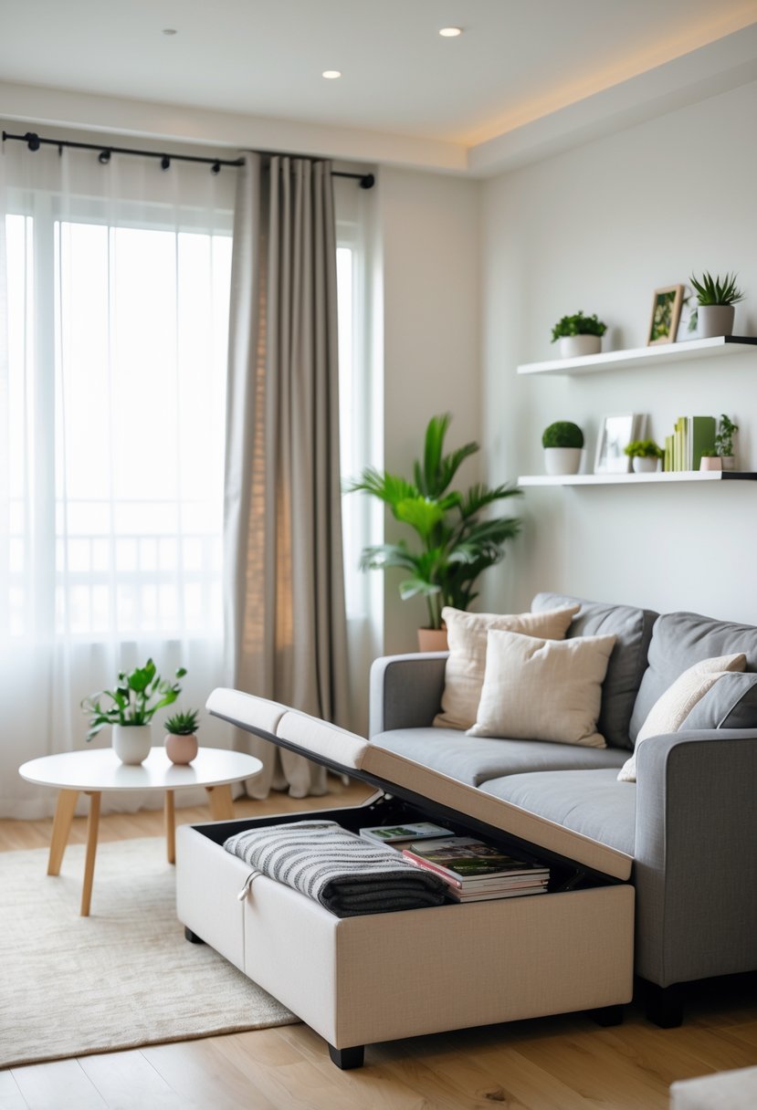 A living room with a storage ottoman open to show blankets and magazines inside, a sofa, plants, and natural light from a window.