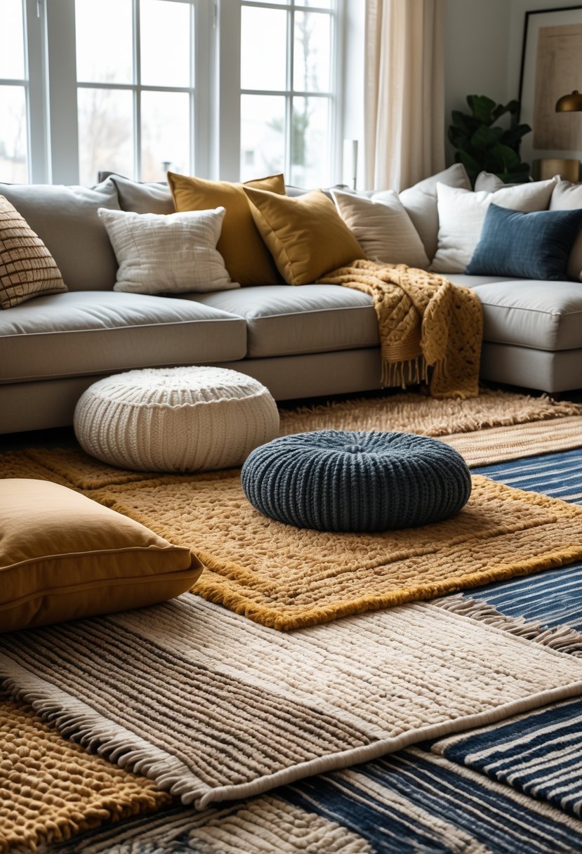 A living room with a sofa covered in cushions and layered rugs on the floor creating a warm and inviting atmosphere.