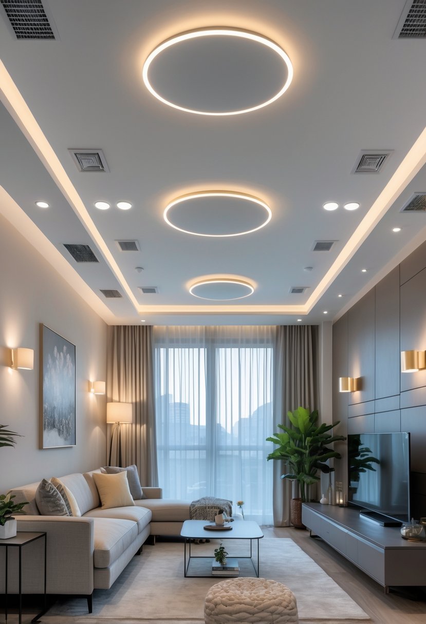 A living room with adjustable lighting fixtures creating different lighting moods, featuring a sofa, coffee table, and large windows.