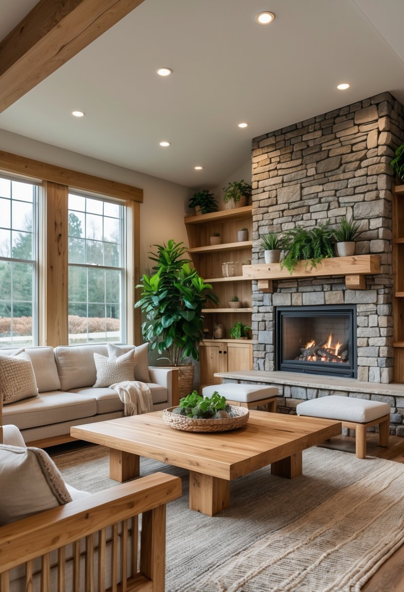 A living room with wooden furniture, a stone fireplace, and large windows letting in natural light.