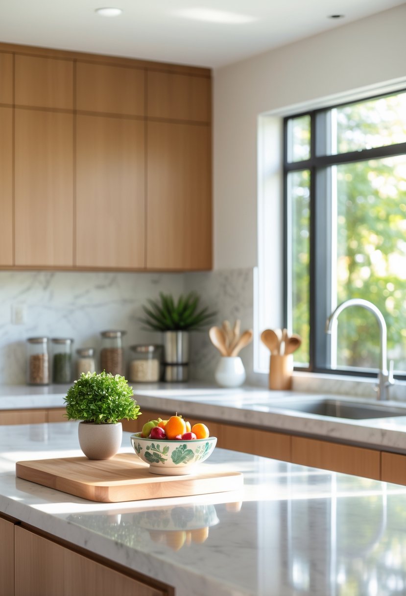 A kitchen countertop decorated with a potted plant, fruit bowl, spice jars, and utensils in a bright kitchen.