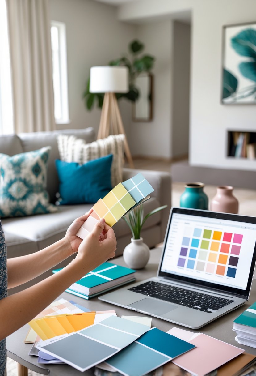 A person holding paint color swatches in a modern living room with home decor items on a table nearby.