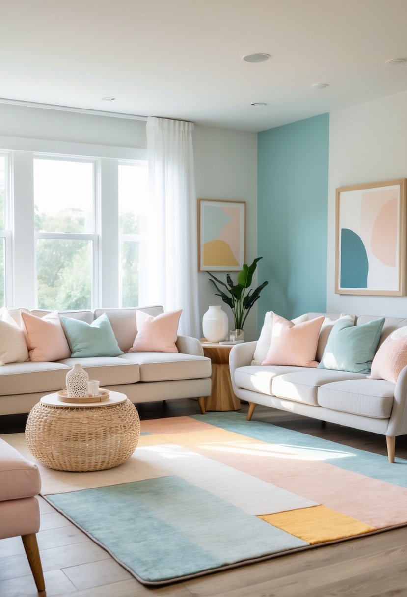 A modern living room with a sofa, cushions, rug, and decorative items arranged in a balanced color scheme under natural light.