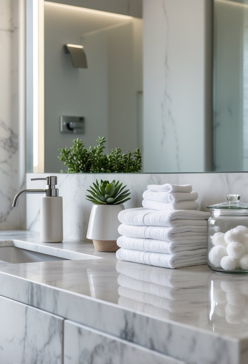 A bathroom counter with a soap dispenser, a small potted plant, folded towels, and a glass jar with cotton balls in front of a mirror.
