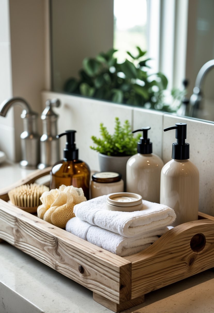 A rustic wooden tray holding toiletries such as glass bottles, a ceramic jar, a loofah, a folded towel, and a small plant on a bathroom counter.