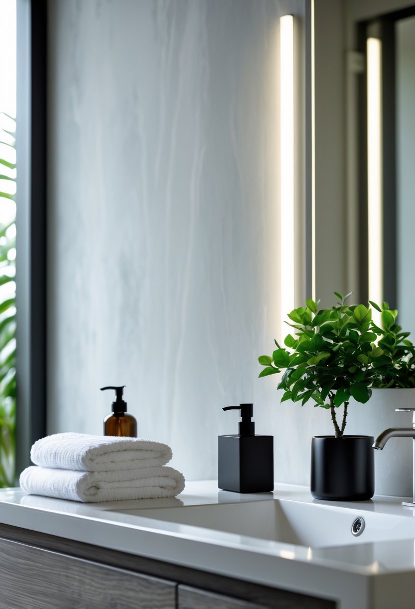 A bathroom counter with a small potted plant, soap dispenser, towel, and toothbrush holder.