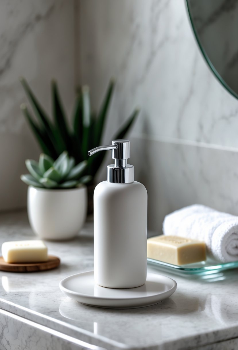 A bathroom counter with a minimalist white soap dispenser, a small green plant, a white hand towel, and a bar of soap on a glass tray.