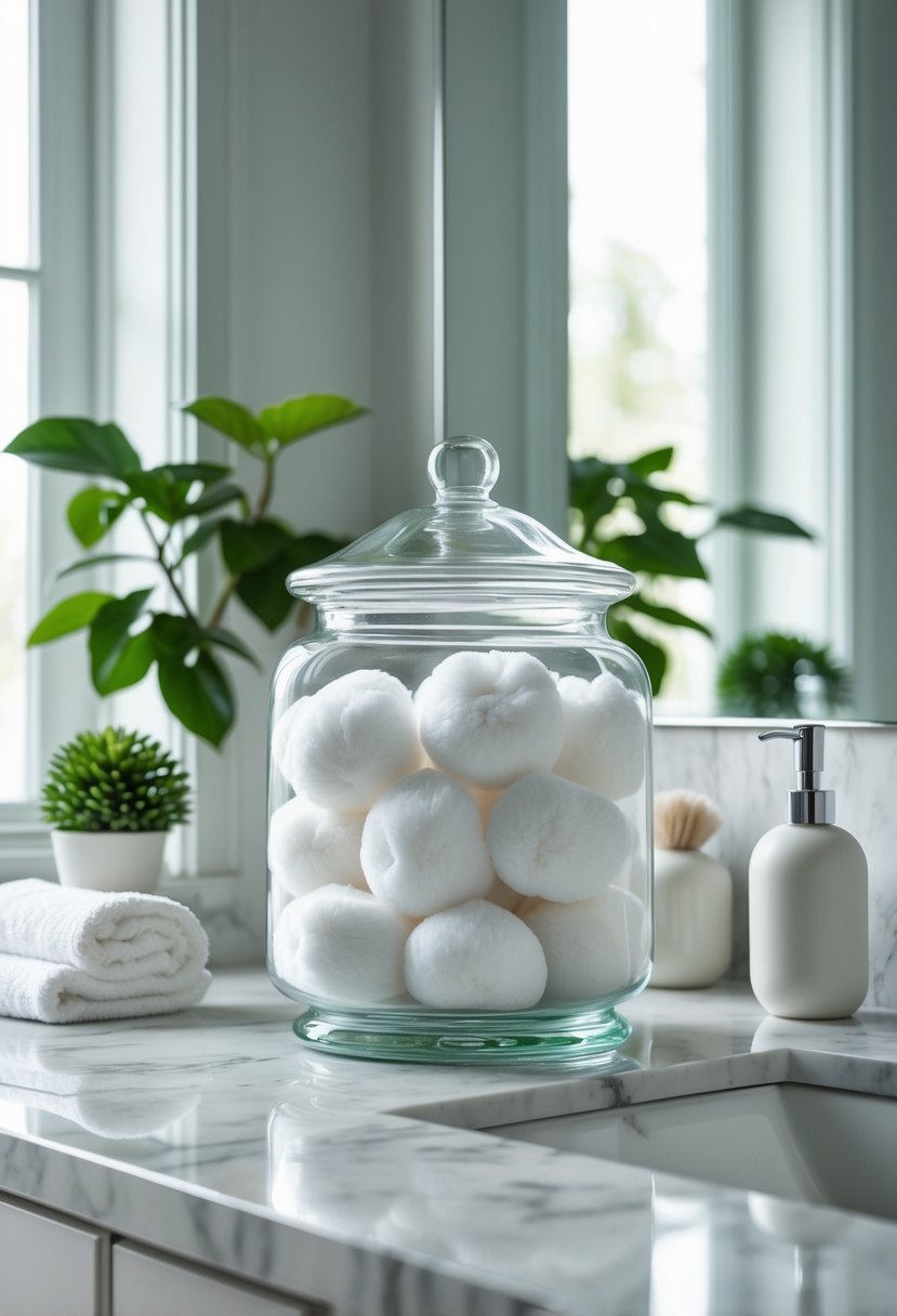 A bathroom counter with a decorative glass jar filled with cotton balls or bath salts, a small plant, and a folded towel.