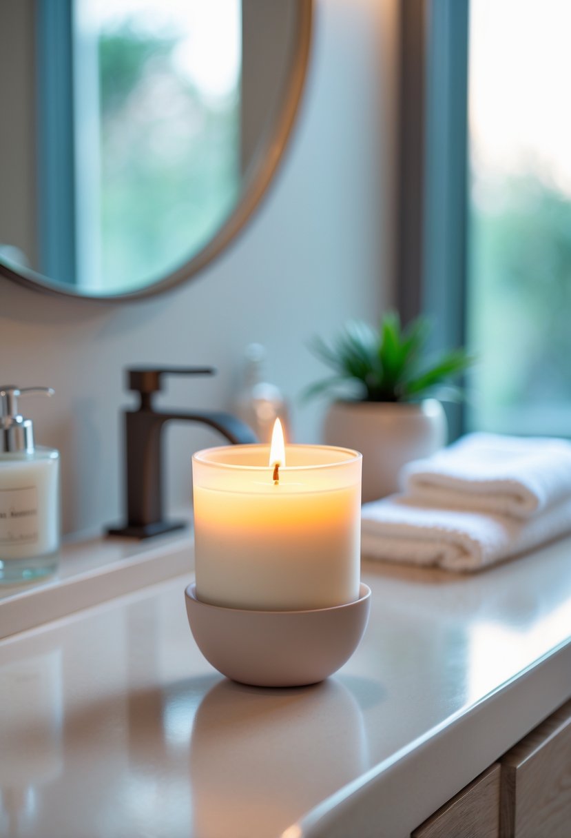 A lit scented candle in a sleek holder on a bathroom counter with a small plant, towels, and a soap dispenser.