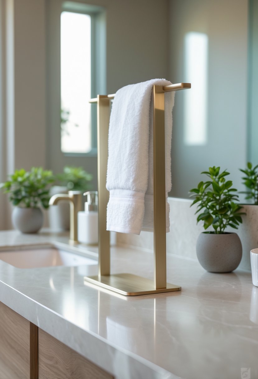 A bathroom counter with a hand towel holder holding white towels, a small plant, and a soap dispenser.