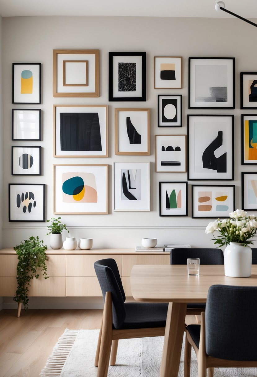 Dining room with a gallery wall of framed art and photography above a wooden dining table with chairs.