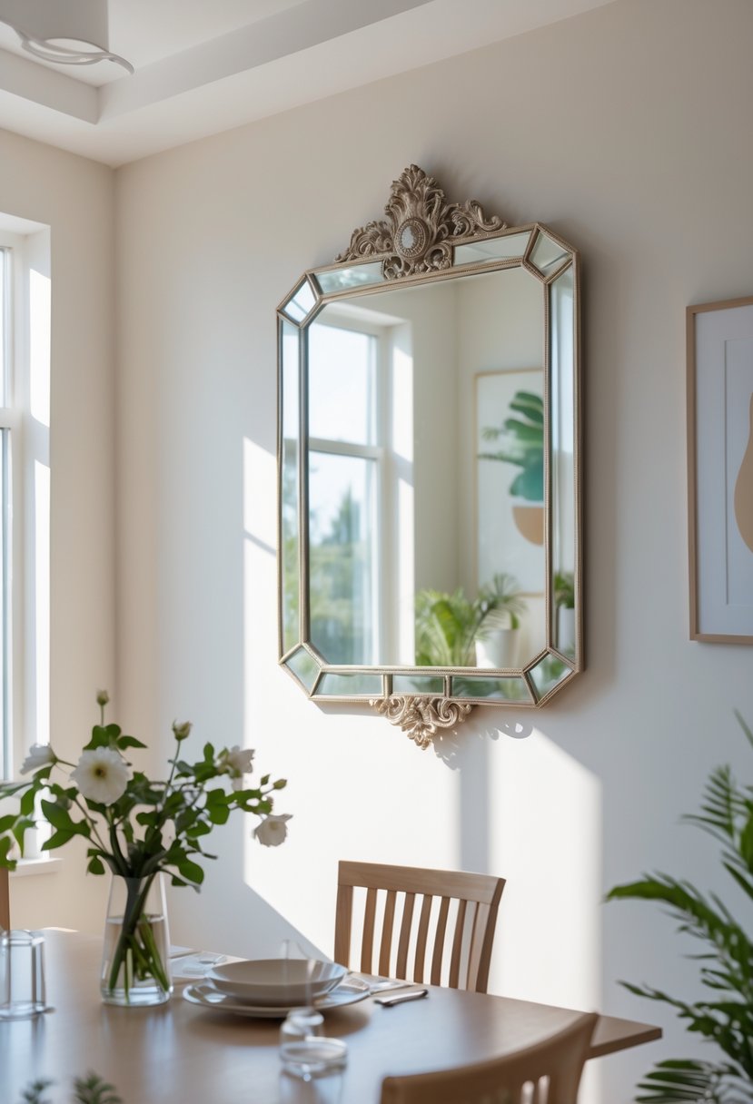 A bright dining room with a large decorative mirror on the wall reflecting natural light above a set dining table.