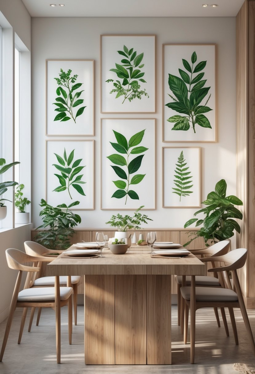 Dining room with wooden table and chairs, decorated with framed botanical prints on the wall and natural light coming through windows.