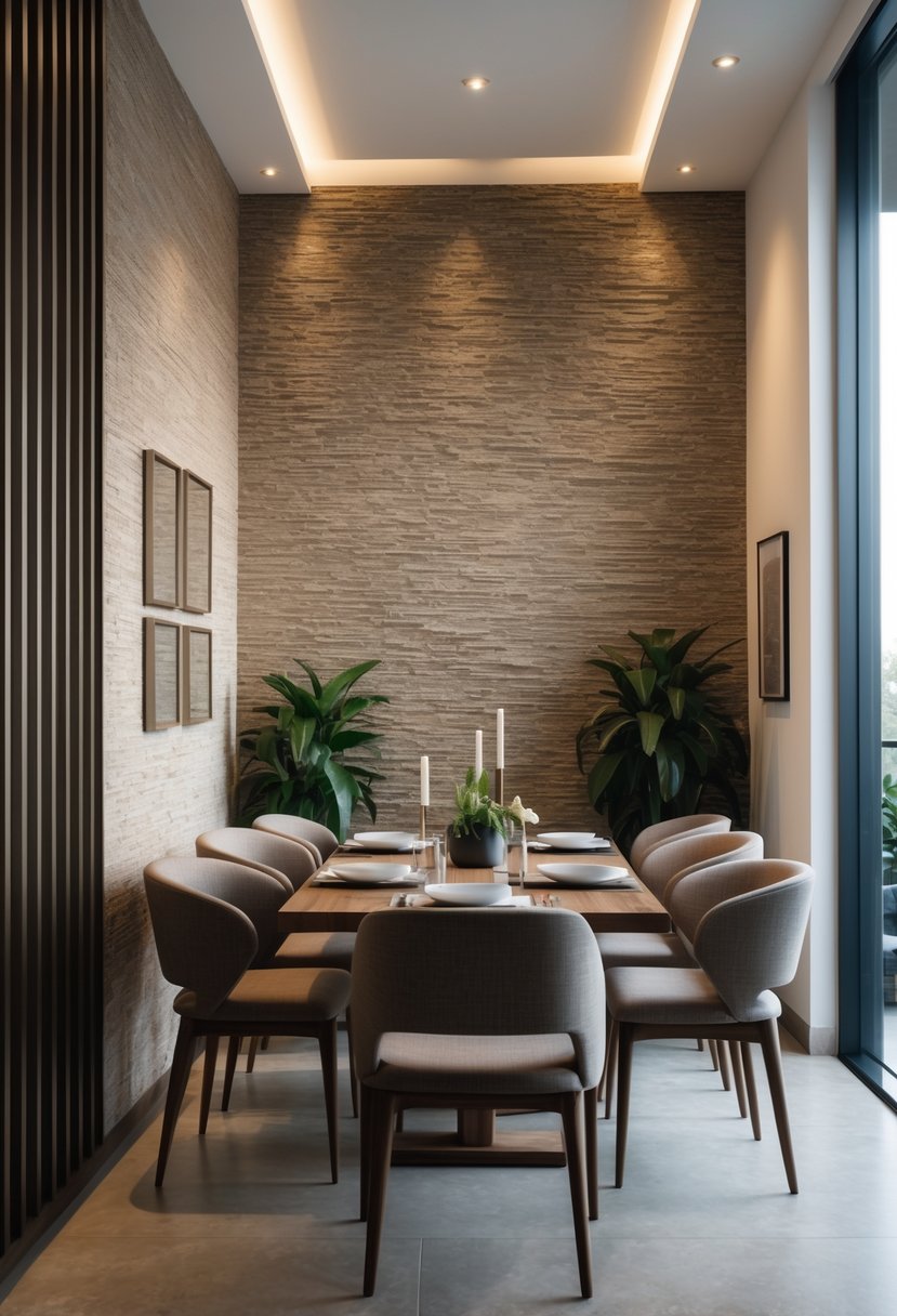 A dining room with a textured wallpaper accent wall, a wooden dining table, and chairs under natural light.