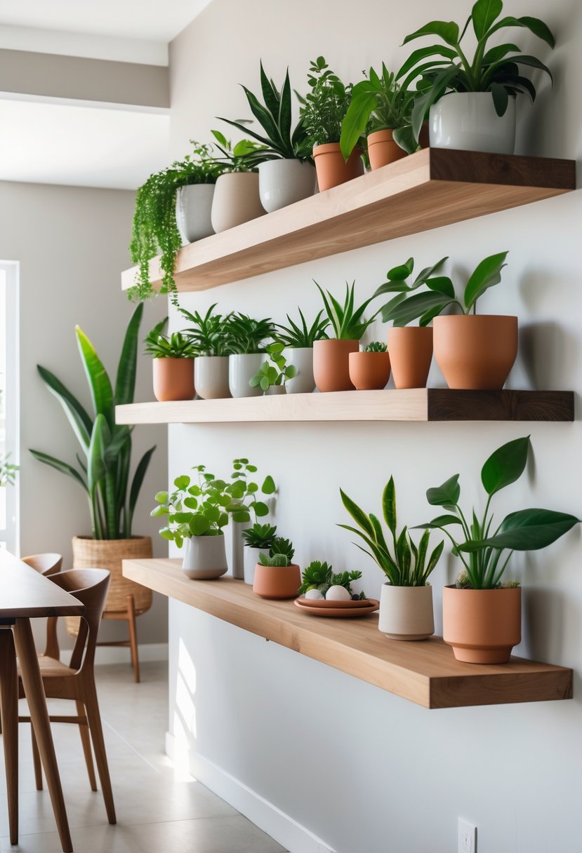 Dining room wall with floating shelves holding potted plants above a wooden dining table.