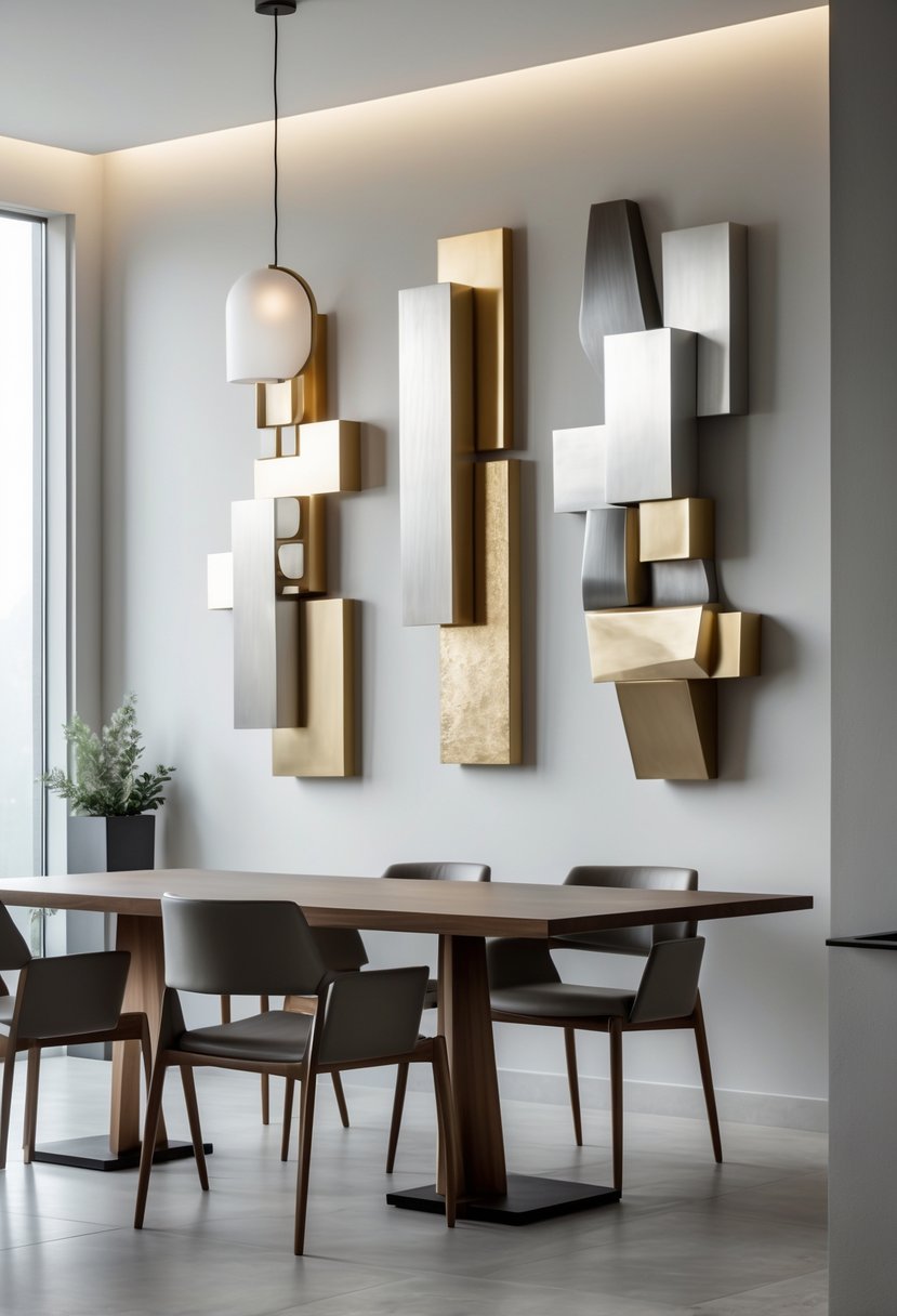 A dining room with a wooden table and chairs, featuring abstract metal sculptures mounted on the wall.