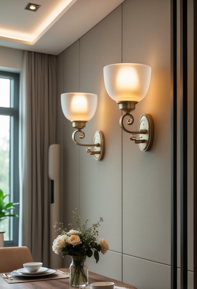 Dining room wall with decorative sconces emitting warm light above a wooden dining table with a flower centerpiece.