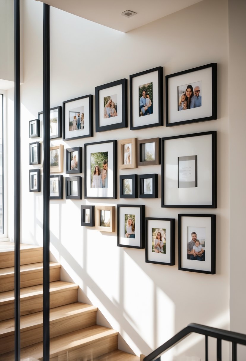 A staircase with a wall decorated by a collection of framed family photos arranged in a gallery style.