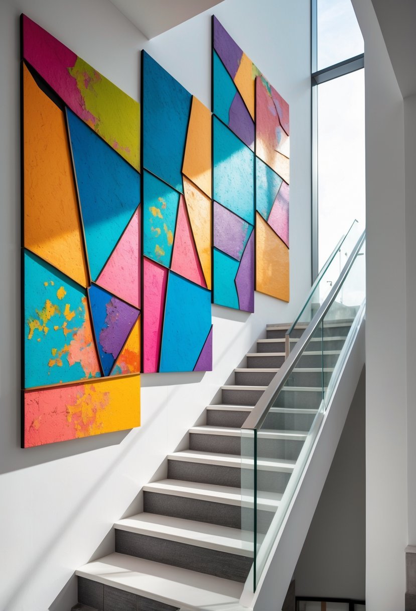 A modern staircase with a wall decorated by large colorful abstract art panels.