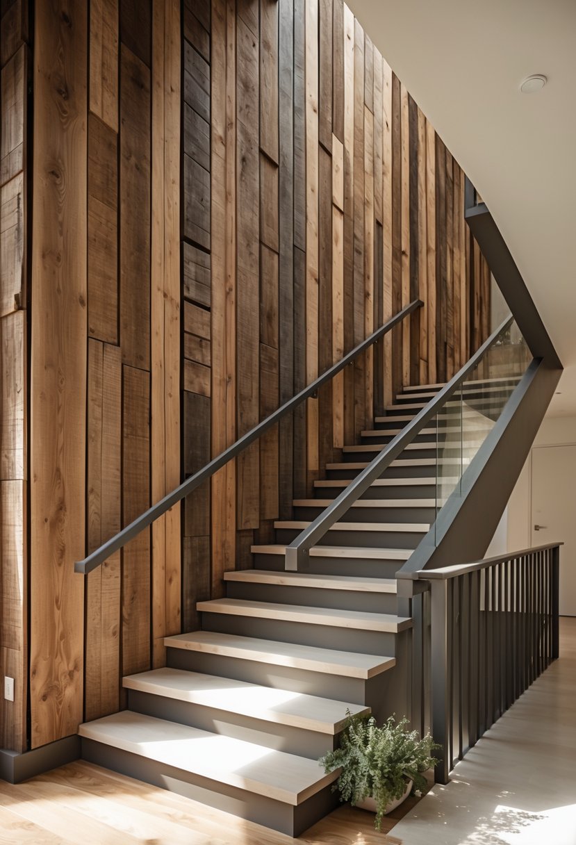 Interior stairway with a wall covered in reclaimed wood paneling next to modern stairs.
