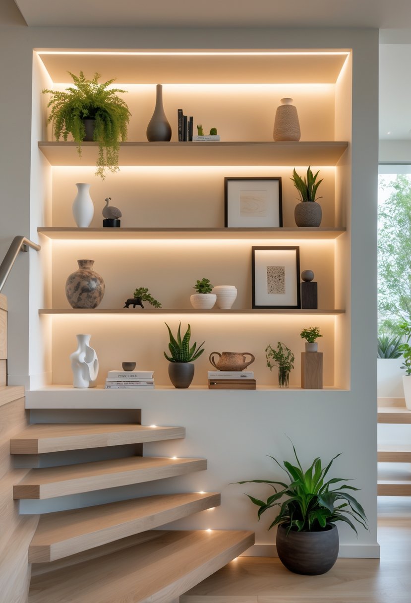 A staircase wall with built-in shelves holding decorative items like vases, books, plants, and sculptures.