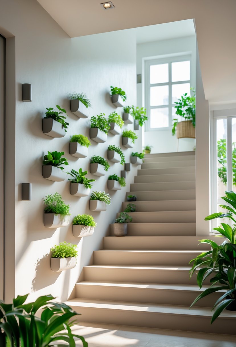 Indoor staircase with multiple wall-mounted planters filled with green plants arranged along the wall.