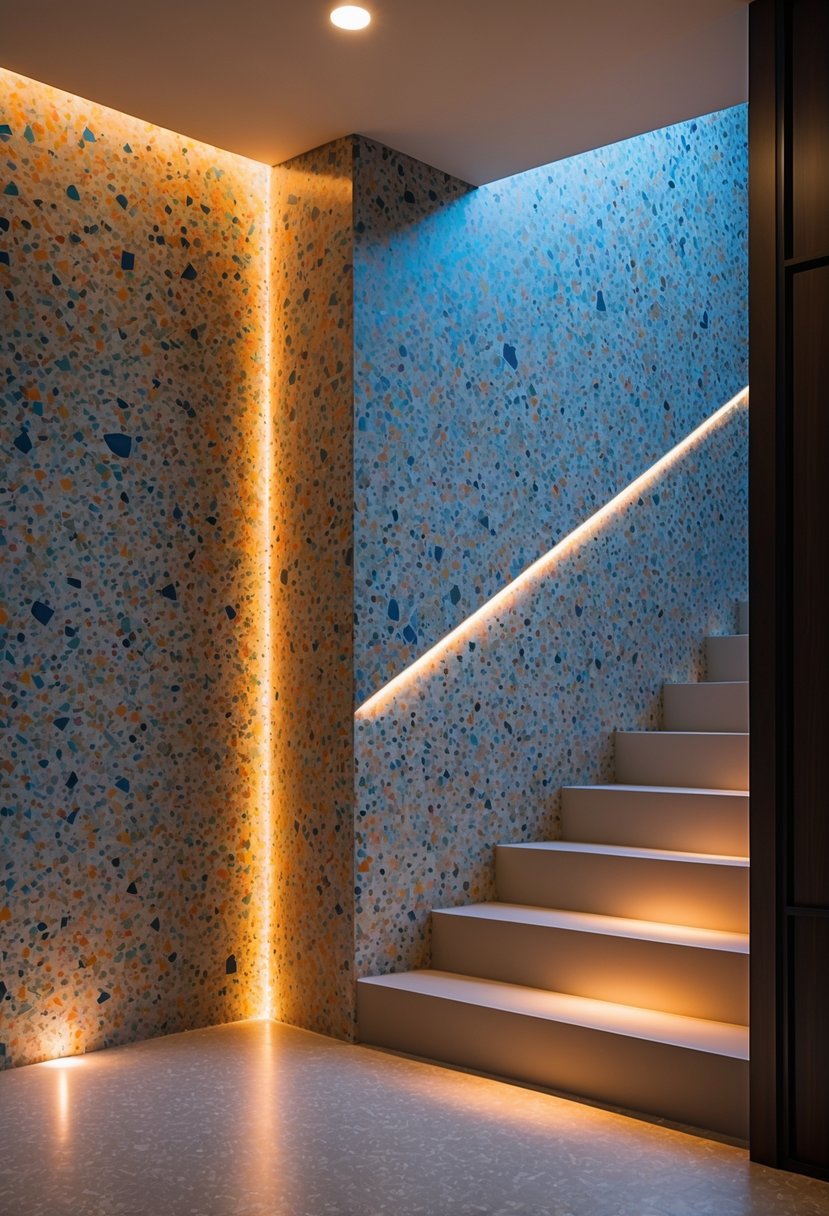 A staircase next to a terrazzo accent wall lit by spotlights in a modern interior space.