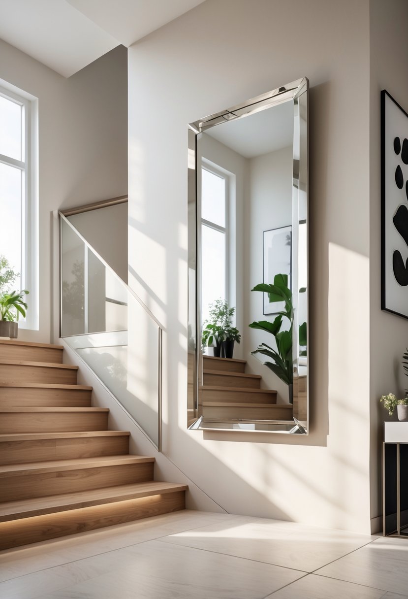 A staircase with wooden steps and a large decorative mirror on the wall beside it, with natural light illuminating the space.