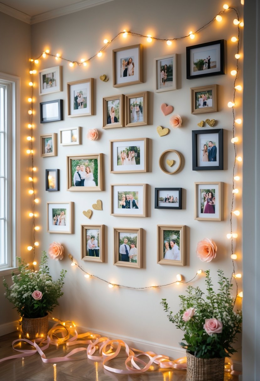 A home wall decorated with a photo collage featuring framed pictures, string lights, paper flowers, and small plants for an anniversary celebration.