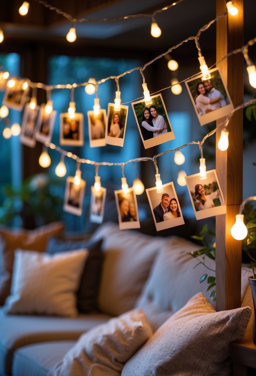 String lights with hanging photos displayed in a warmly lit living room for an anniversary celebration.