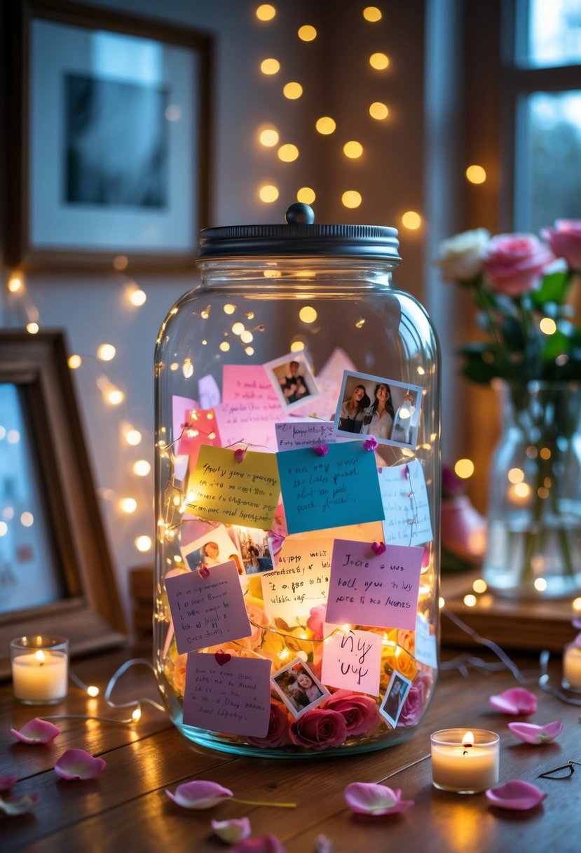A glass jar filled with handwritten notes and small keepsakes on a wooden table surrounded by candles and rose petals.