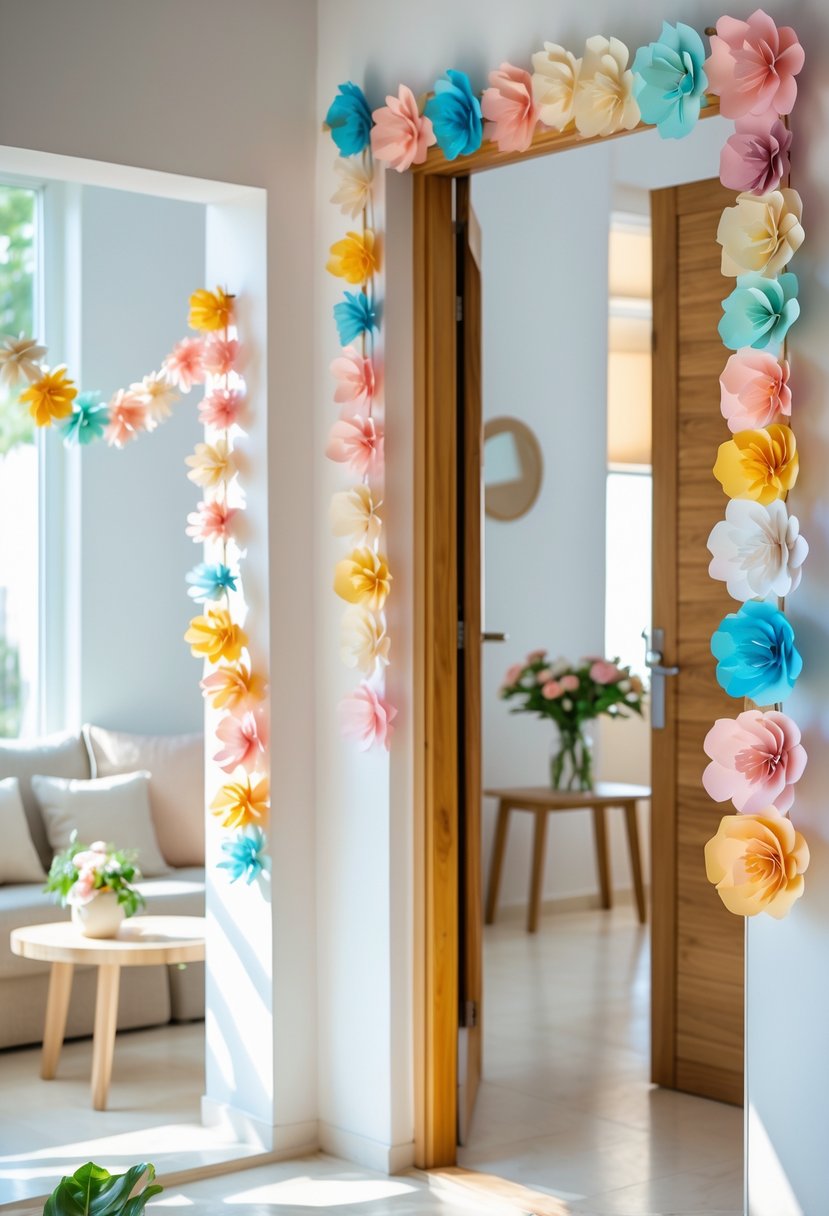 A cozy home decorated with colorful paper flower garlands hanging on the wall and around a doorway for an anniversary celebration.