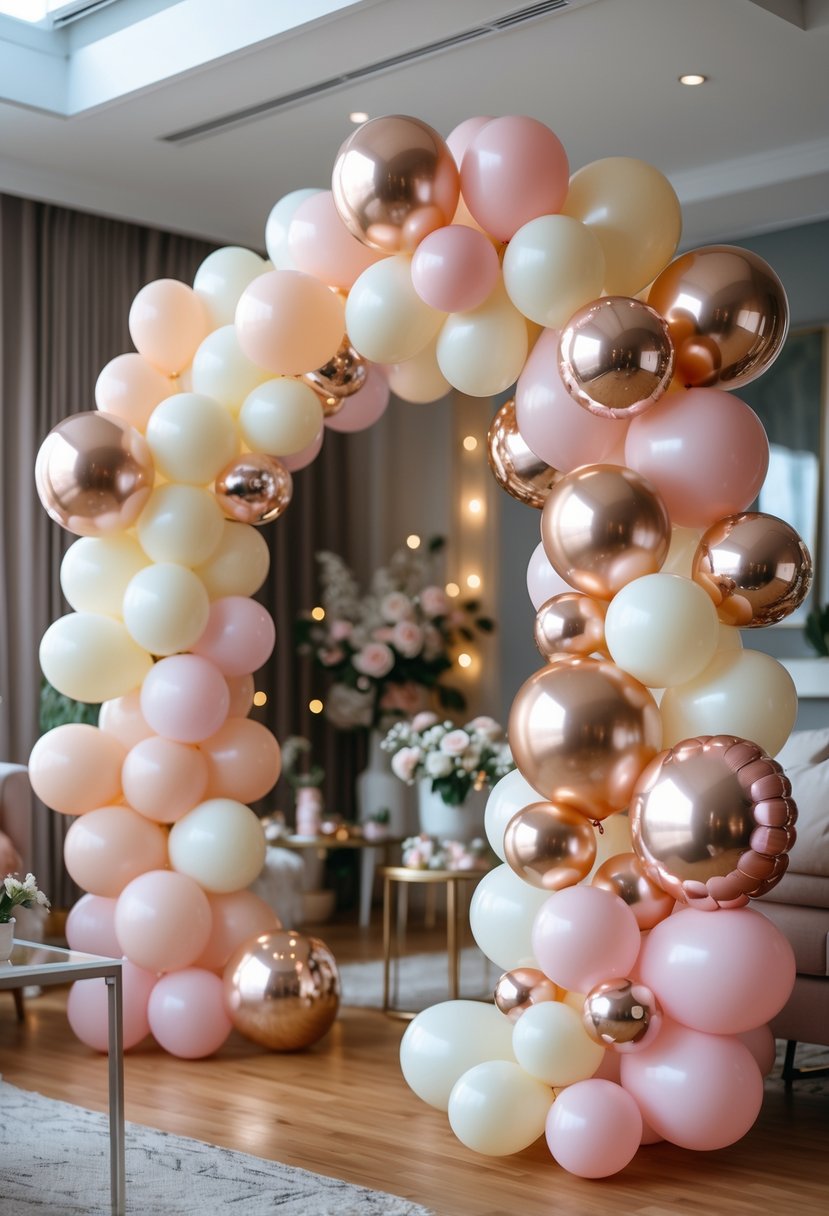 A balloon arch with pastel and metallic balloons arranged indoors for an anniversary celebration at home.