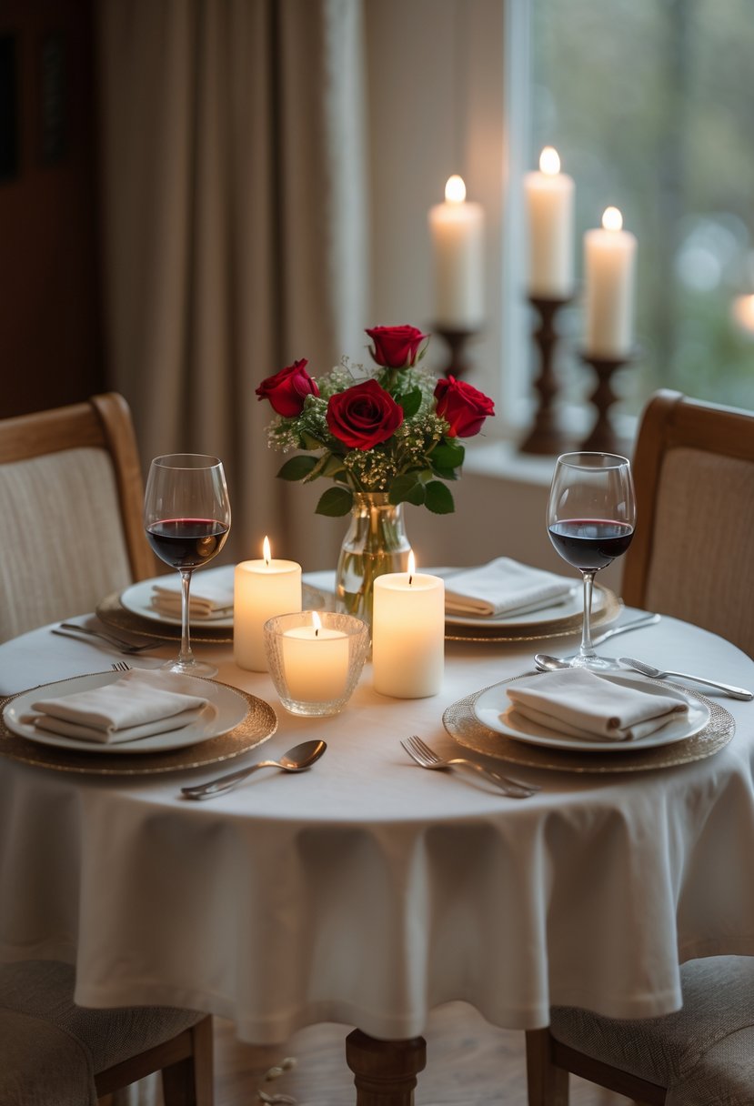 A candlelit table set for a romantic anniversary with red roses, lit candles, wine glasses, and plates in a cozy indoor setting.
